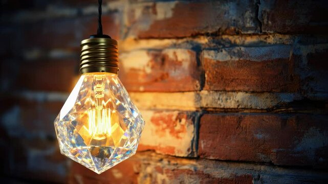 A single light bulb hangs from a brick wall in a dark or dimly lit environment