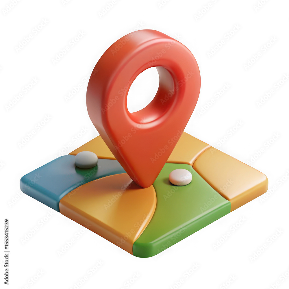 Poster stylized 3d map pointer icon with location markers on a colorful segmented map isolated on transpare