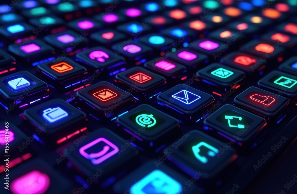 Poster colorful keyboard backlighting with neon icons in dark setting