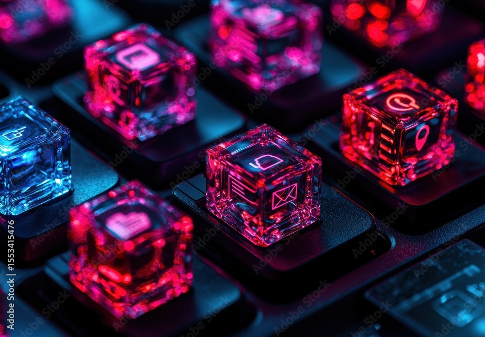 Poster colorful backlit keyboard keys with iconography for tech design
