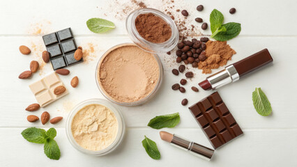 Chocolate and coffee themed makeup products with almonds and mint leaves