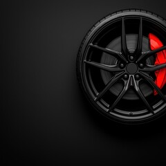 Black Alloy Wheel with Red Brake Caliper on Dark Background