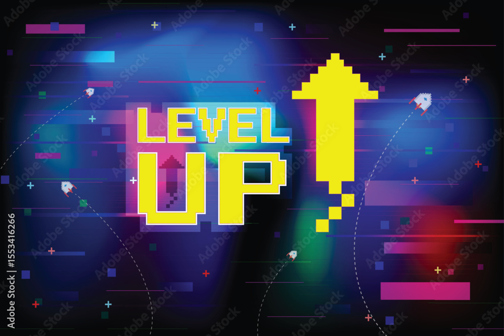 Poster level up icon pixel art. 8 bit game. retro game. retro futurism sci-fi background. glowing neon grid