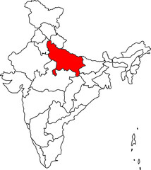 UTTAR PRADESH MAP, INDIA MAP HIGHLIGHTING THE STATE OF UTTAR PRADESH
