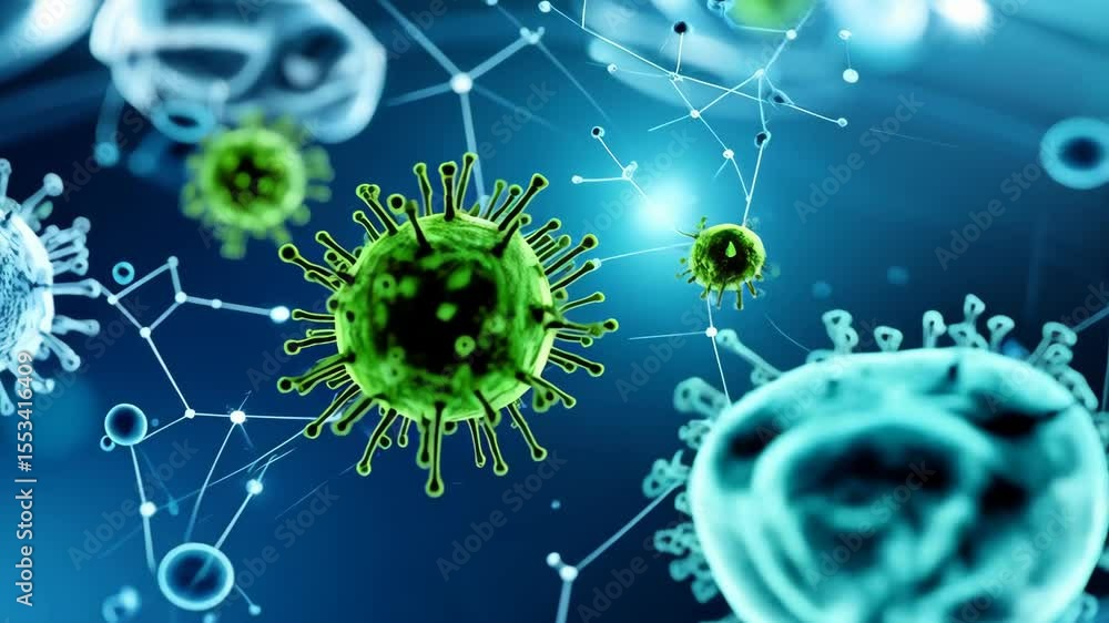 Poster microscopic viruses in petri dishes with connected dots to show networks on a blue surface for scien