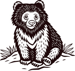 Obraz premium Cute bear cub sitting on ground with grass in vintage engraved black and white hand drawn illustration