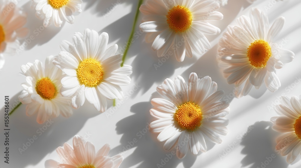 Poster fresh daisies arranged artistically on a light background with soft shadows creating a gentle and se