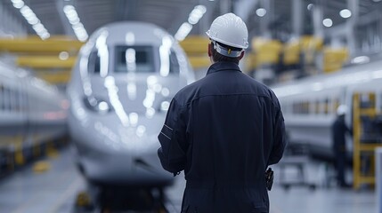 Rear view of an engineer, back to camera, intently focused on the intricate machinery of a high-speed train engine within a maintenance bay.