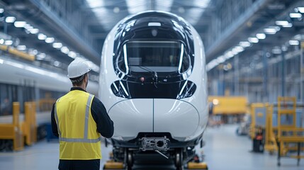 Rear view of an engineer, back to camera, intently focused on the intricate machinery of a high-speed train engine within a maintenance bay.