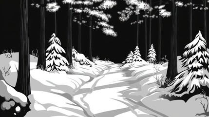 Black and White Winter Landscape with Snowy Path Through Pine Trees and Gentle Shadows in a Serene Forest Setting