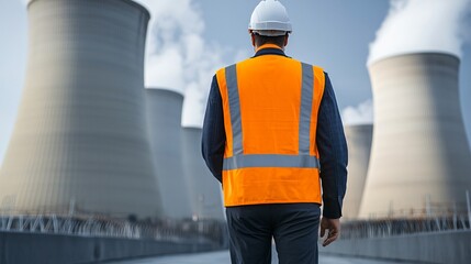 Rear view of an engineer, examining the foundations of a large industrial power plant's cooling tower, assessing for structural stability.