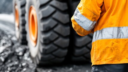 Rear view of an engineer, meticulously examining the undercarriage of a heavy-duty mining truck, looking for any signs of structural fatigue.