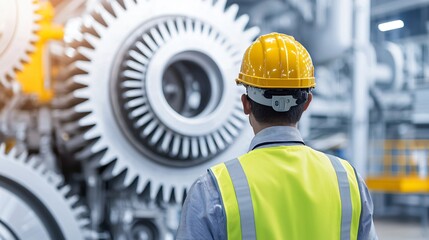 Rear view of an engineer, looking at the massive gears and mechanisms inside a historical factory building, assessing their operational integrity.