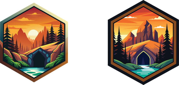cave in mountain with palm trees and canal badge emblem design set vector illustration