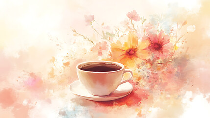 Watercolor Painting of Coffee Cup and Flowers