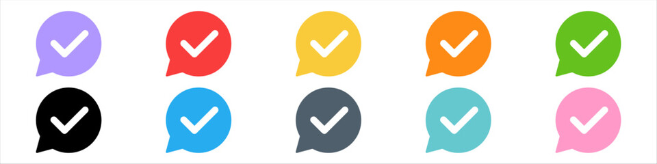 Checkmark or tick mark on speech bubble as a symbol of accept, agree or approval. Icon for app, website and UI. Colorful set of icons, vector illustration