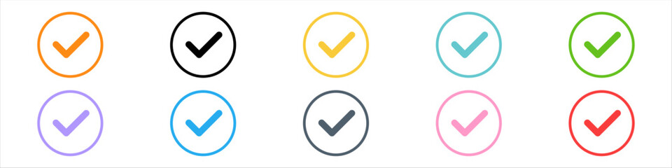 Checkmark or tick mark on speech bubble as a symbol of accept, agree or approval. Icon for app, website and UI. Colorful set of icons, vector illustration