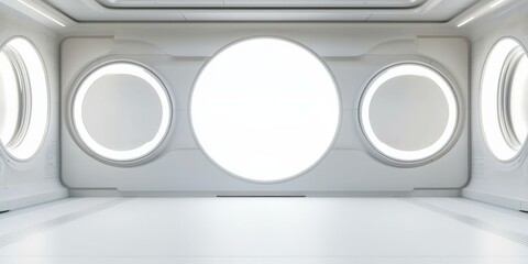 Innovation lab collaboration vision concept. Bright, futuristic interior with circular windows and smooth surfaces.