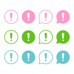exclamation mark icons in speech bubble shapes | alerts, warnings, attention and important information icons | in black, yellow, and red colors