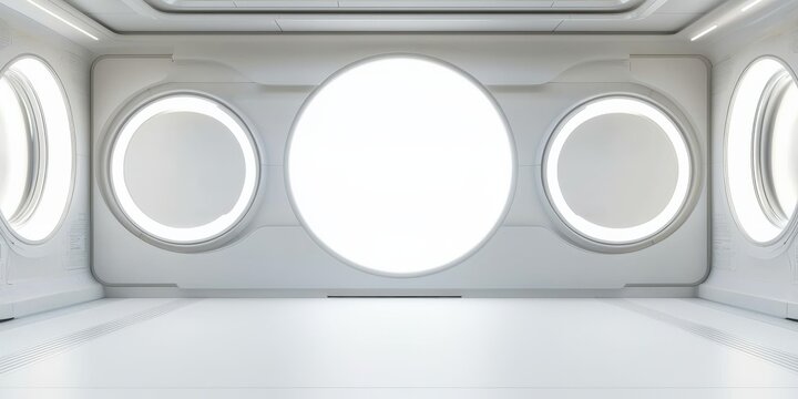 Innovation lab collaboration vision concept. Bright, futuristic interior with circular windows and smooth surfaces.