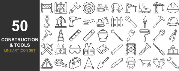 50 Line Art Vector Icons of Construction and Industrial Tools Including Hand Tools, Safety Equipment, Heavy Machinery, and Building Materials for Engineering, Architecture, and Renovation Projects