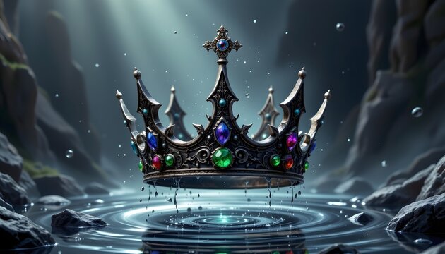 The crown is decorated in the water in the cave. The mysterious light shows the honor of the king.