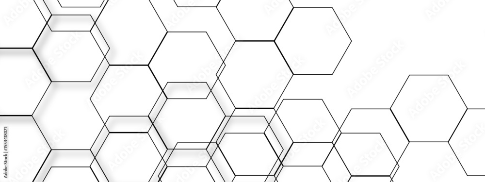 Poster abstract seamless white background with network of thin, black outlined hexagons arranged geometric 