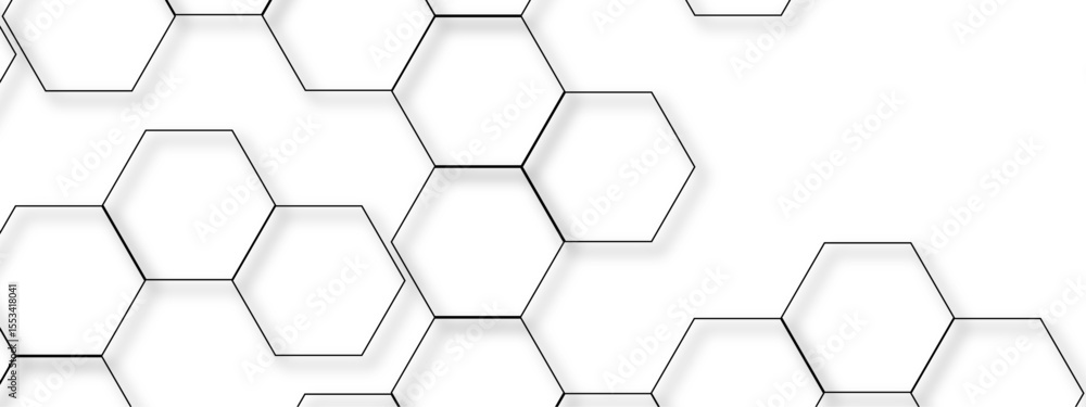 Poster abstract seamless white background with network of thin, black outlined hexagons arranged geometric 