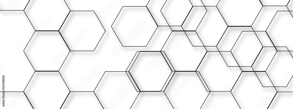 Poster abstract seamless white background with network of thin, black outlined hexagons arranged geometric 