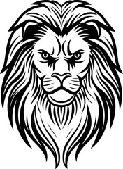 Fototapeta premium Majestic lion head illustration with detailed mane in black and white line art isolated on white background
