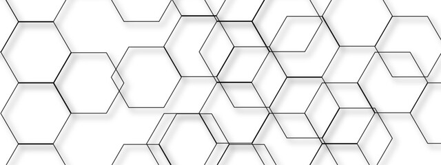 Fototapeta premium Abstract seamless white background with network of thin, black outlined hexagons arranged geometric pattern. Minimalistic, modern, and technical, suitable for science, technology, or themed visuals.