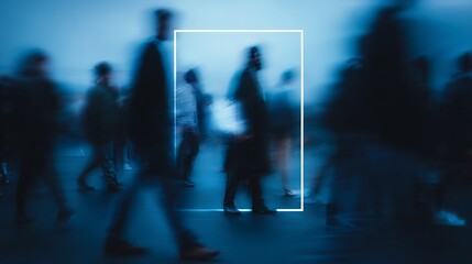 Artistic depiction of blurred pedestrians in a city, capturing movement and anonymity in a bustling urban environment.