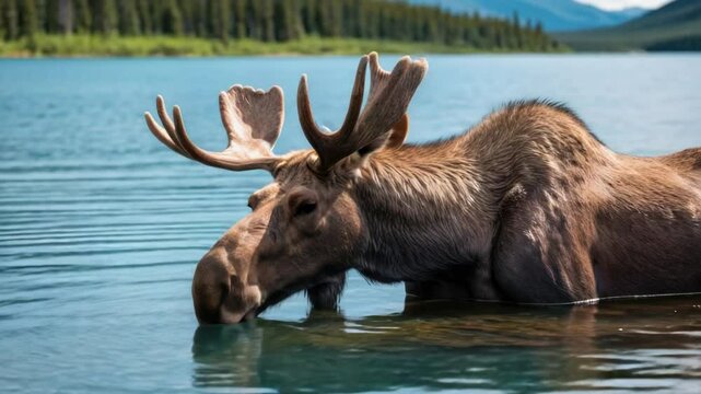 A moose stands in the water with its head submerged, likely searching for aquatic plants or escaping predators