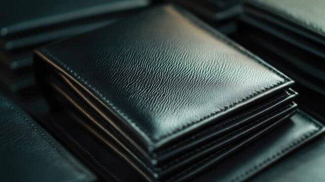 A collection of black leather wallets stacked on top of each other, great for corporate or financial related uses