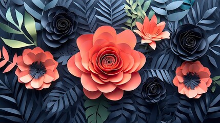 Colorful paper flowers and leaves create a lush, vibrant design.