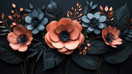 Colorful paper flowers and leaves on a dark background.