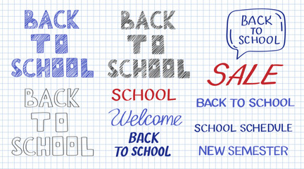 back to school lettering sheet on notebook School supplies and elements are drawn on a notebook page. Hand-drawn vector illustrations.