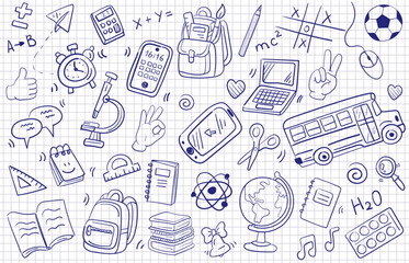 set School doodles on notebook sheet. collection Back to school. School supplies and elements are drawn on a notebook page. Hand-drawn vector illustrations. outline ornament