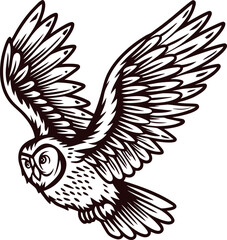 Fototapeta premium Flying owl illustration with outstretched wings in monochrome vintage hand drawn