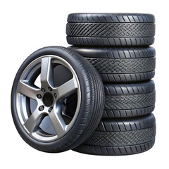Stacked Car Tires and Silver Rim with Intricate Tread Patterns on Transparent BG