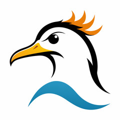 Stylized seagull head with orange crest and blue wave below