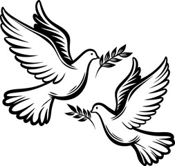 Obraz premium Two flying doves holding olive branches in beaks black and white linear illustration isolated