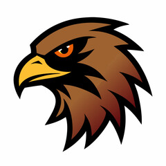 Fierce brown hawk head emblem with sharp yellow beak and orange eye