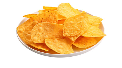 Crisp tortilla chips filling a white bowl with a transparent background.