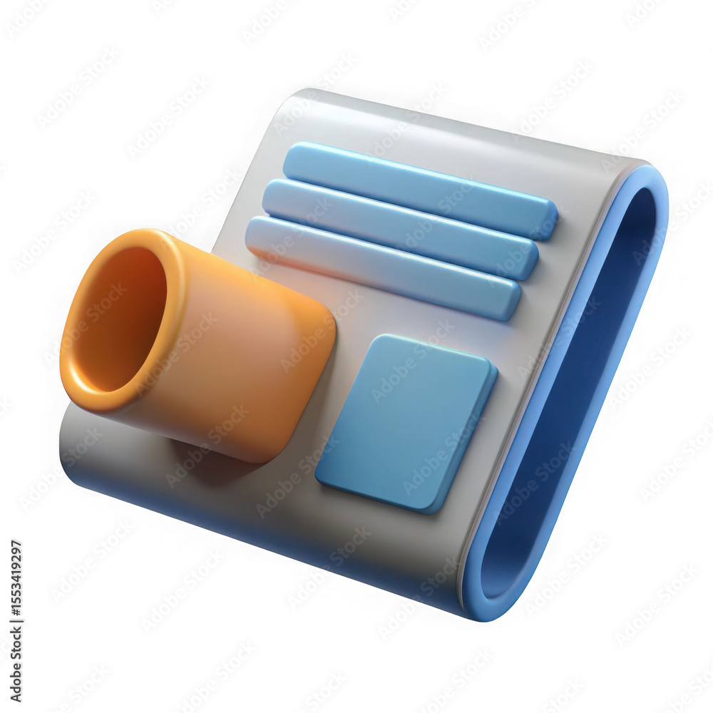 Poster stylized 3d render of a rolled document or scroll with an orange tube and blue elements isolated on 