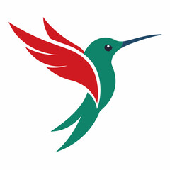 Stylized teal and red hummingbird in flight logo design