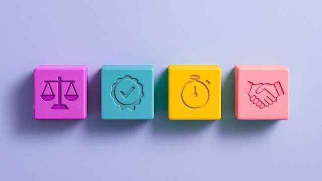 Icon set featuring justice scale, verified badge, stopwatch, and handshake, symbolizing fairness, trust, punctuality, and professional collaboration in decision-making and business ethics