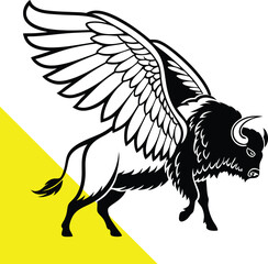 Mythical Bison with Feathered Wings in a Monochrome Tribal Inspired Silhouette Art – Powerful Buffalo Illustration with Angelic Wings Representing a Fusion of Nature and Fantasy