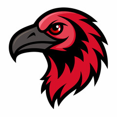 Fierce red eagle head mascot with sharp black beak and intense red eye