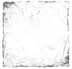 Distressed Grunge Border Frame Texture on White. Worn Edge Overlay with Scratches and Speckled Noise Effect. Vintage Rough Design for Graphic and Photo Use. Isolated Black Texture Background.